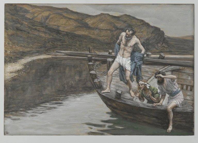 Painting by James Tissot of Peter casting himself into the sea to swim to Jesus.